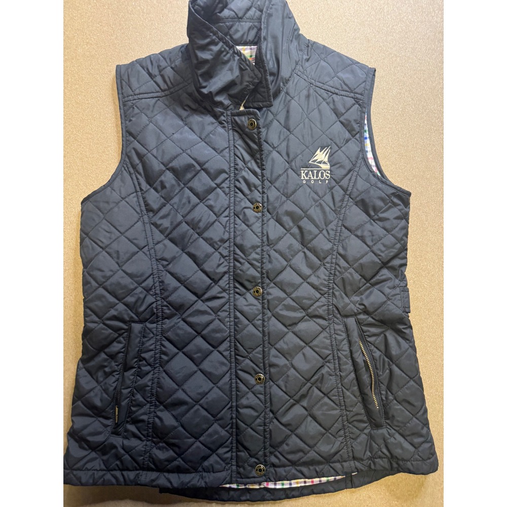 Peter Millar Womens Quilted Vest Black Golf Logo Snap Button Collar Lined M $120